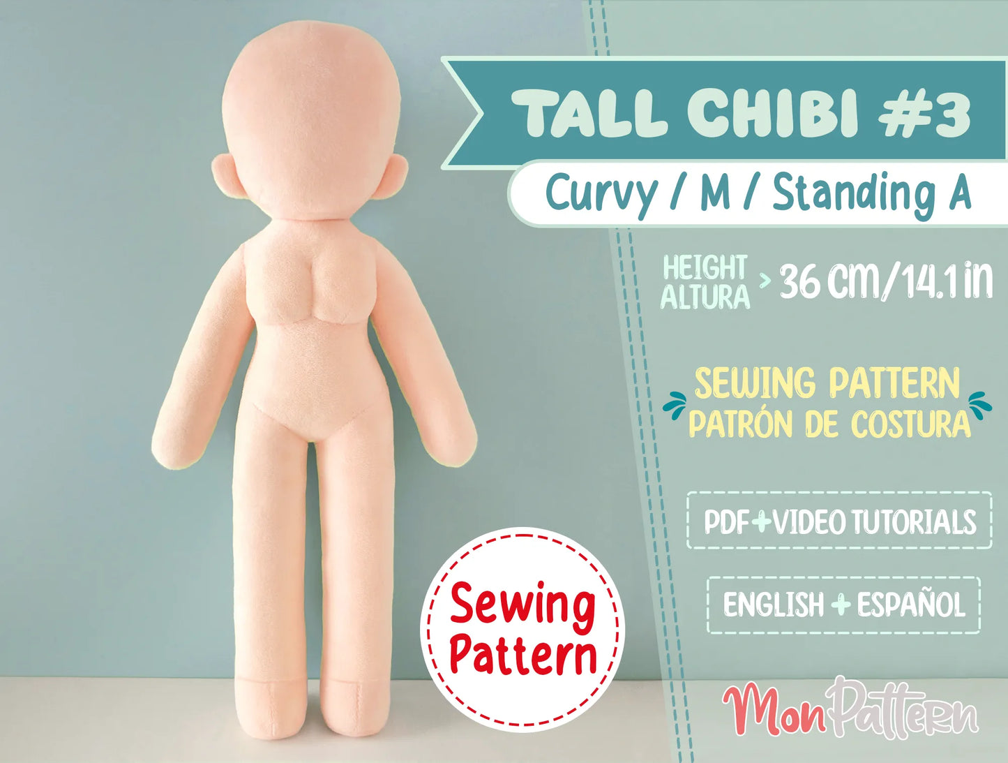 feminine shape chibi plush template with defined curves with bust and hips, anime-style, 4-head proportion 36cm 14in pattern