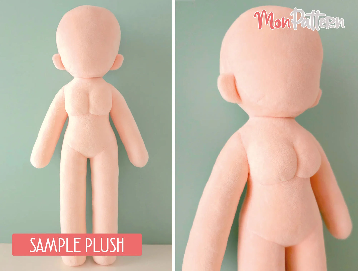 digital sewing pattern for 4-head proportion humanoid plush with curvy feminine silhouette chibi, anime-style chibi doll