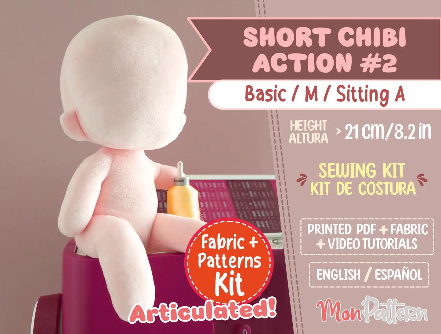 short chibi action #2 sitting articulated plush sewing kit 21 cm, handcrafted soft minky fabric, movable neck and limbs, ideal for anime-style custom plushies, ocs, vtubers and k-pop plush dolls