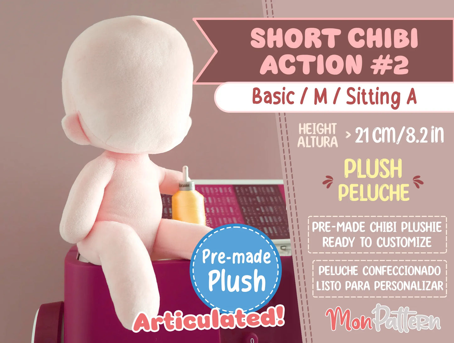 short chibi sitting plush, 2-head articulated doll, perfect for handmade, cosplay, or fantasy characters, peluche posable, dos cabezas, personaje personalizado