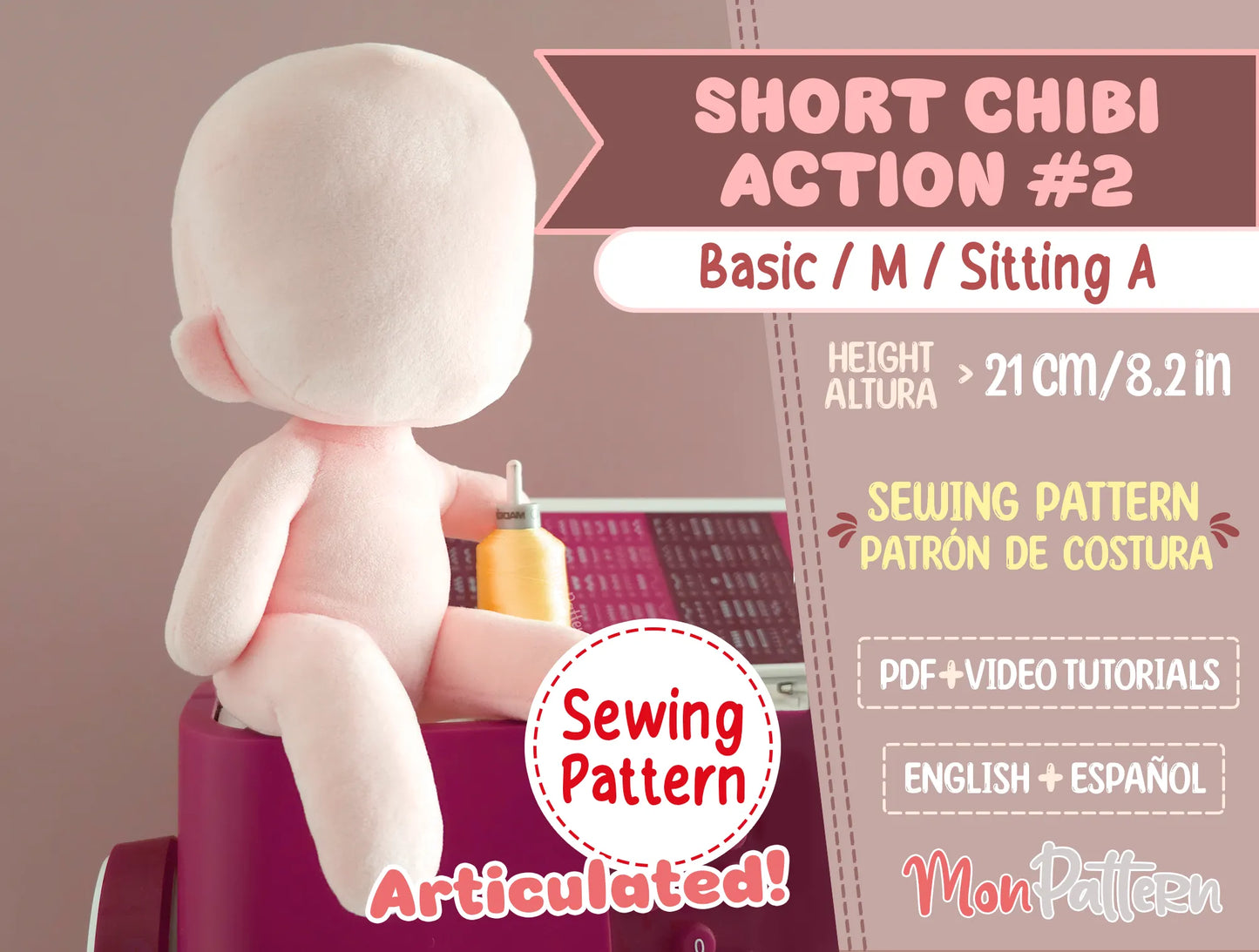 articulated short chibi plush sewing pattern – posable humanoid stuffed doll template – anime, vtuber, or game-inspired articulated doll pattern