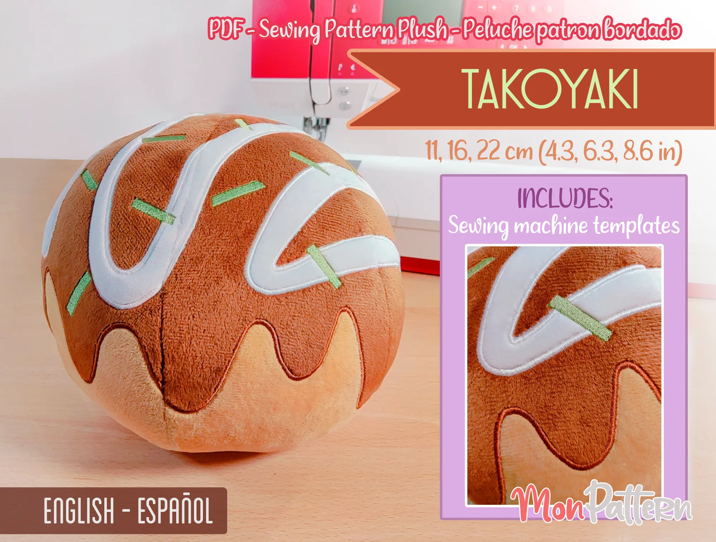takoyaki plush sewing pattern for handmade food plush 3 sizes monpattern
