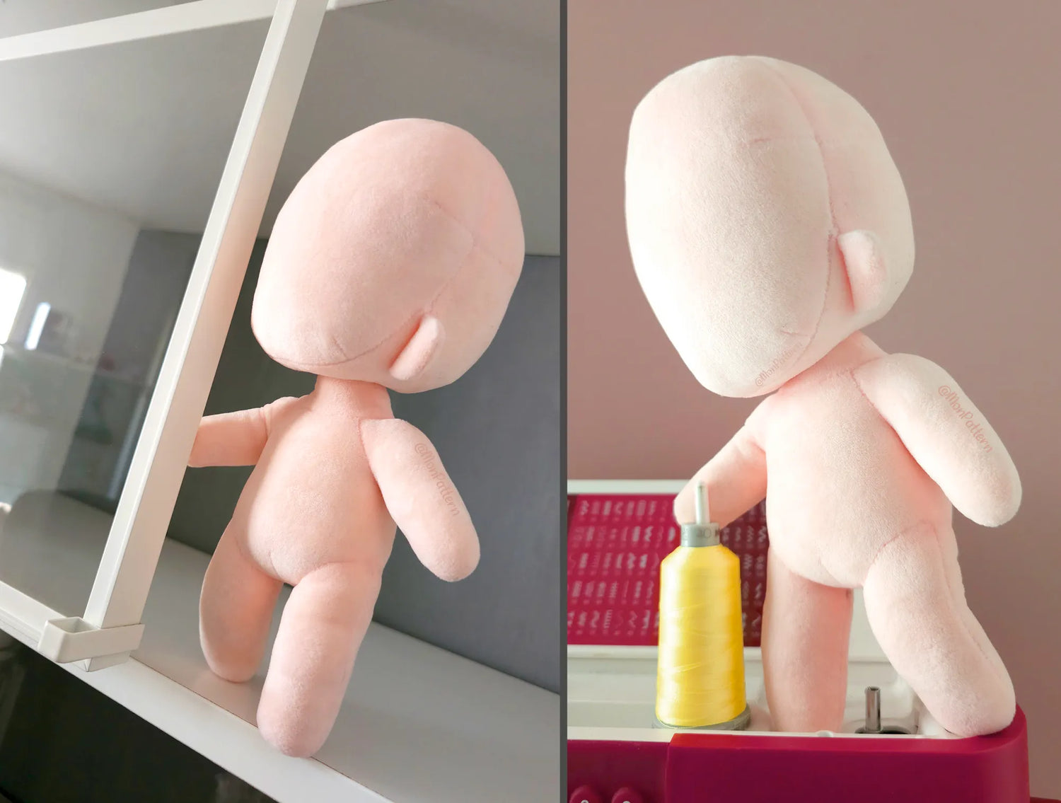 Short Chibi plush with two-head articulated body, posable for custom characters, sewing pattern for hand or machine, peluche chibi dos cabezas articulado posable patrón costura a mano o máquina custom personajes