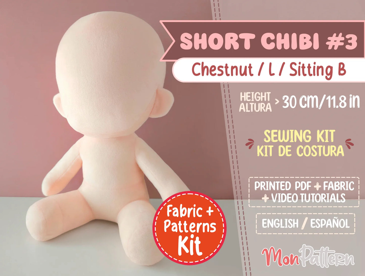 handmade cuddly short chibi #3 plush doll sewing kit for ocs, vtubers, and k-pop plush designs. step-by-step tutorial included for making large huggable short chibi #3 plush doll