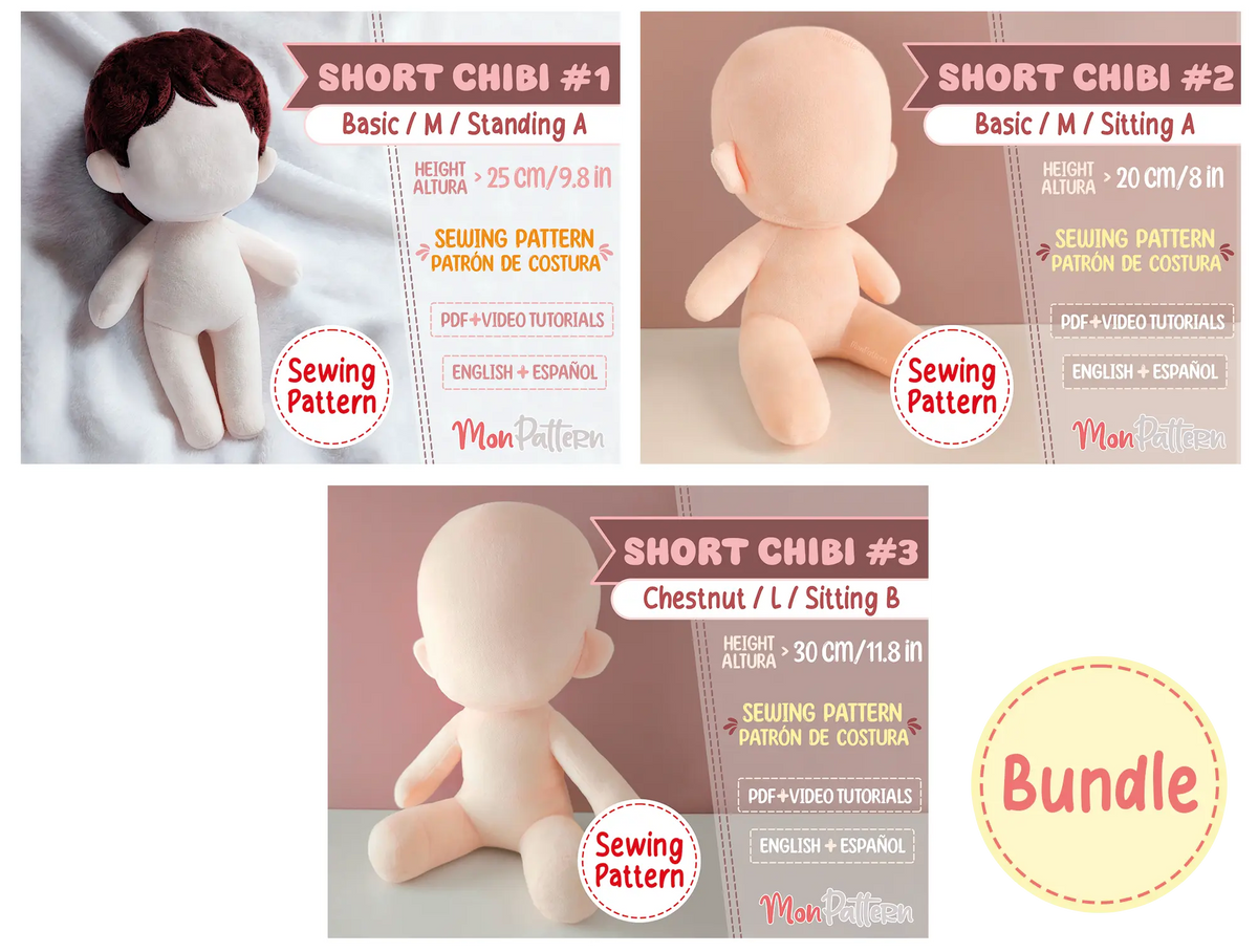 set of 3 short chibi plush doll patterns for creating personalized character plushies and handmade gifts.