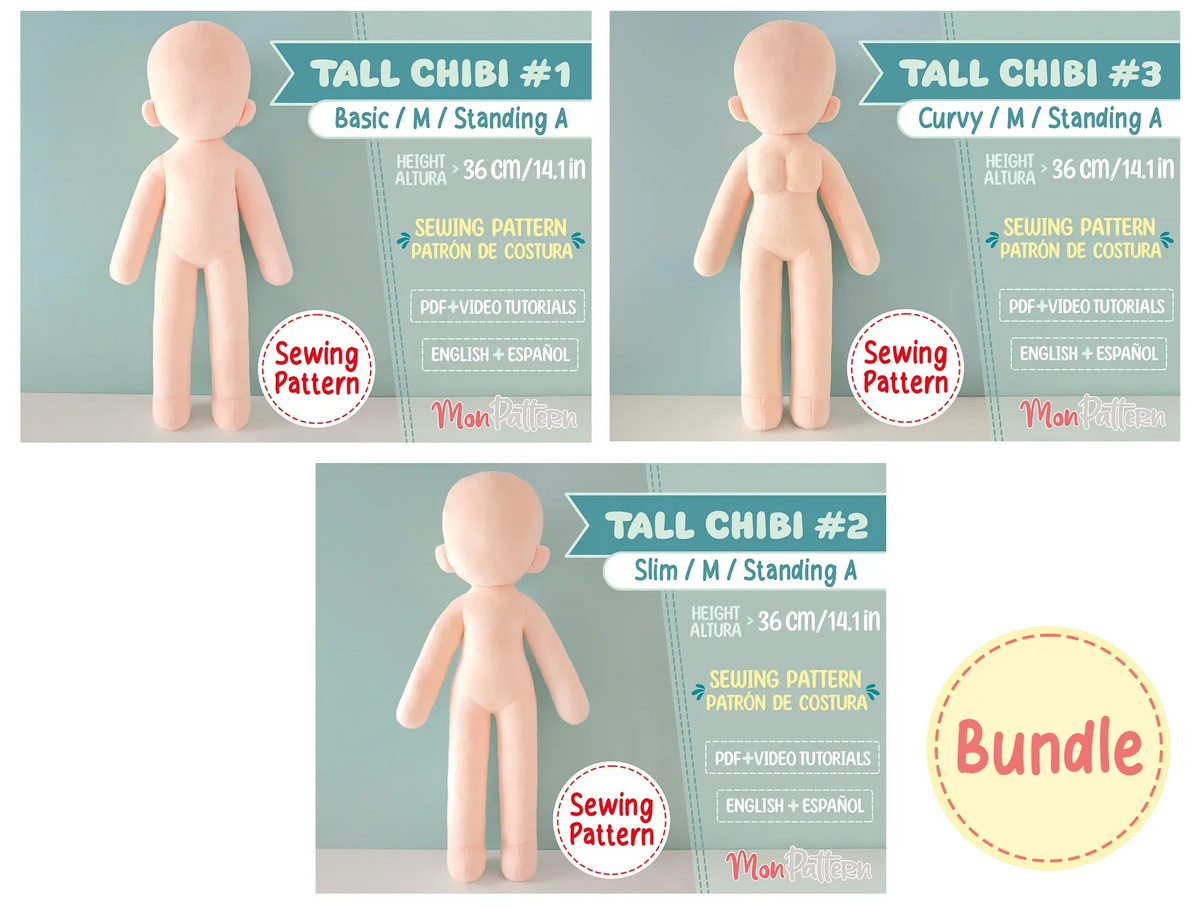 tall chibi sewing patterns for creating anime characters, k-pop idol plushies and personalized character dolls in three body shapes.