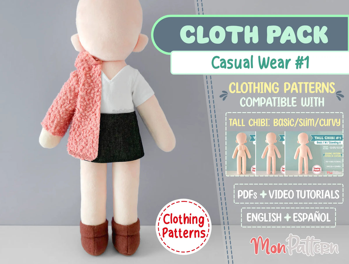 Anime-style Tall Chibi #1 #2 #3 doll clothing sewing pattern T-shirt skirt coat boots MonPattern