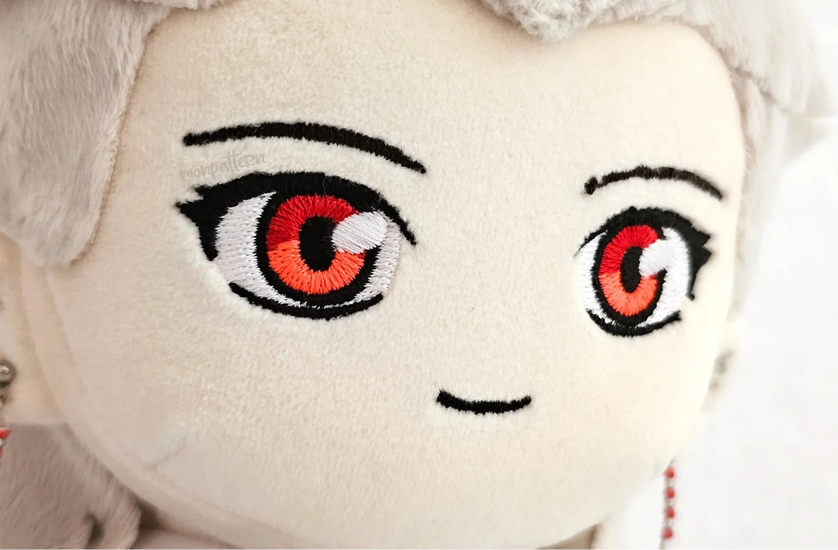 Embroidered chibi plush face, anime-style eyes and mouth details, handmade plush doll, kawaii plush sewing pattern, customizable plush facial design, DIY anime plush