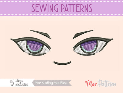 Chibi plush embroidery eye inspired by flamboyant and strong shonen hero, action manga style, embroidery file for plush dolls, ojo chibi bordado héroe flamboyante fuerte estilo manga acción
