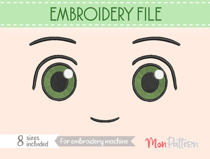 Chibi plush embroidery eye inspired by cheerful and energetic young girl, slice-of-life manga style, embroidery file for plush dolls, ojo chibi bordado niña alegre enérgica estilo manga vida cotidiana