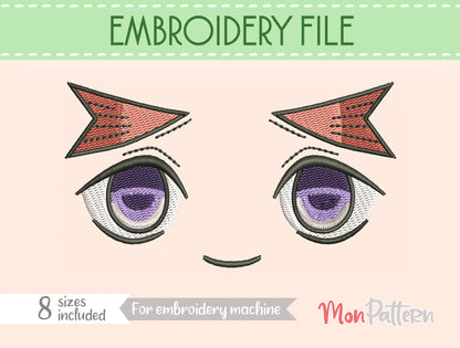 Chibi plush embroidery eye inspired by anxious yet brave shonen character, dynamic action style, embroidery file for plush dolls, ojo chibi bordado personaje tímido valiente estilo manga acción