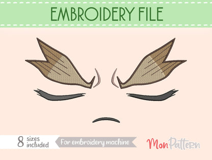 Chibi plush embroidery eye inspired by peaceful sleeping shonen hero, relaxed cute pose, embroidery file for dolls, ojo chibi bordado héroe dormido adorable estilo manga