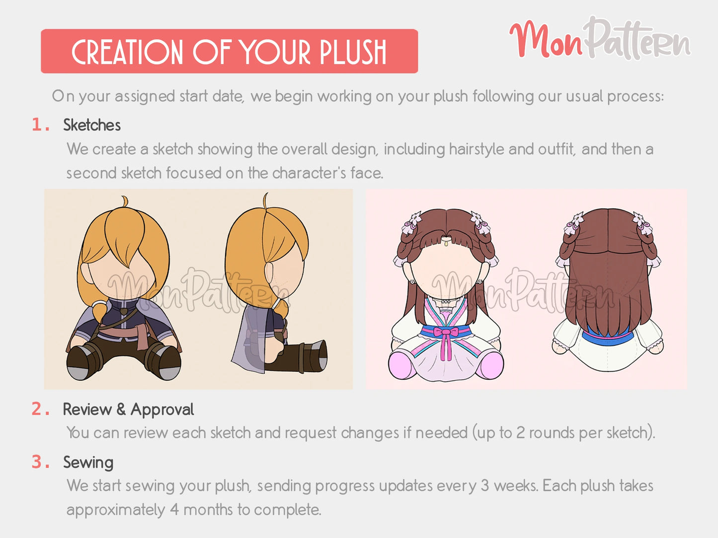 handmade custom chibi plush commission of an anime style character, fully personalized humanoid plush doll made to order, soft fabric collectible plush inspired by anime and video game characters, crafted with embroidered face and high quality materials