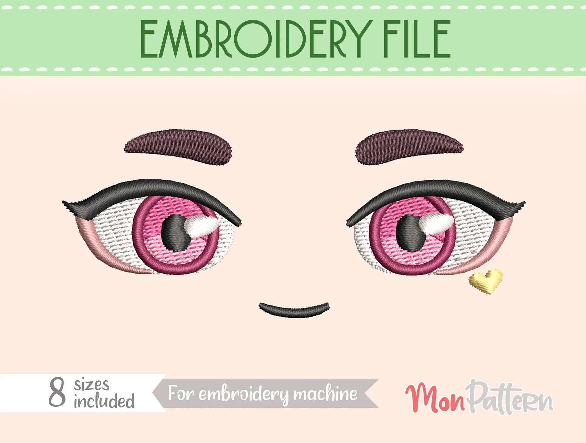 Chibi plush embroidery eye with mystical animal-inspired aesthetic, magical humanoid character, fantasy anime style, embroidery file for plush dolls, ojos chibi bordado estética animal personaje humano mágico estilo anime fantasía