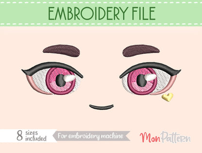 Chibi plush embroidery eye with mystical animal-inspired aesthetic, magical humanoid character, fantasy anime style, embroidery file for plush dolls, ojos chibi bordado estética animal personaje humano mágico estilo anime fantasía