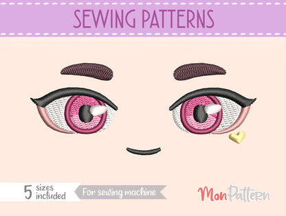Round-eyebrow anime eyes, whimsical fantasy character, animal-inspired or nekomimi design, embroidery file or sewing pattern, ojos fantasía, cejas redondas, peluche kawaii