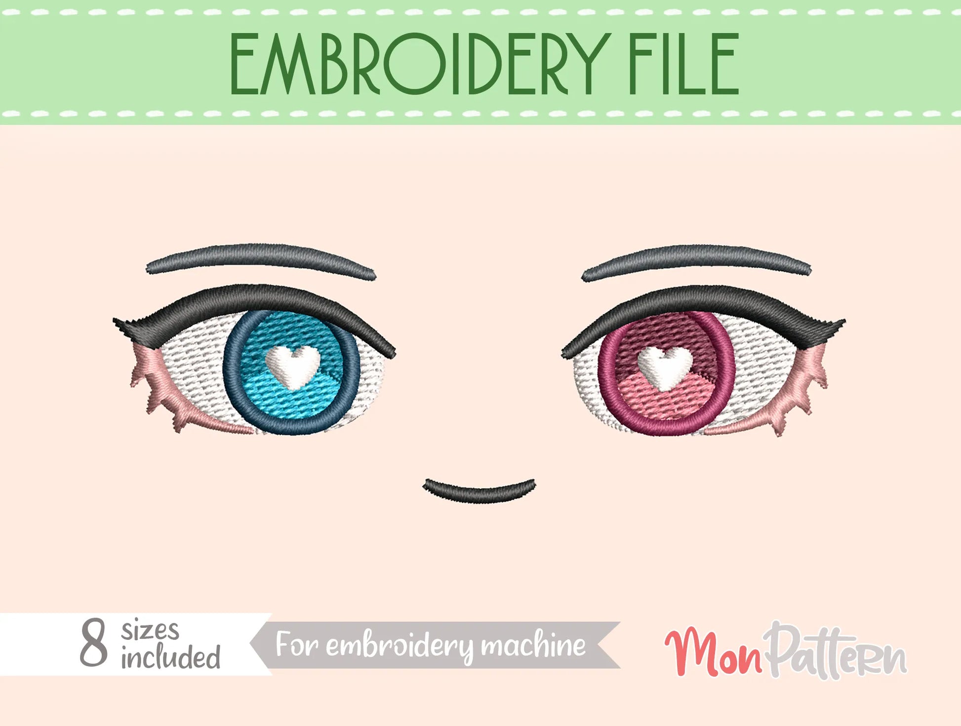 Chibi plush embroidery eye with heterochromia, unique colorful gaze, expressive anime style, embroidery file for plush dolls, ojos chibi bordado heterocromía mirada colorida estilo anime