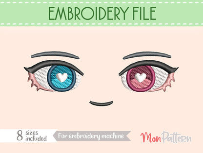 Chibi plush embroidery eye with heterochromia, unique colorful gaze, expressive anime style, embroidery file for plush dolls, ojos chibi bordado heterocromía mirada colorida estilo anime
