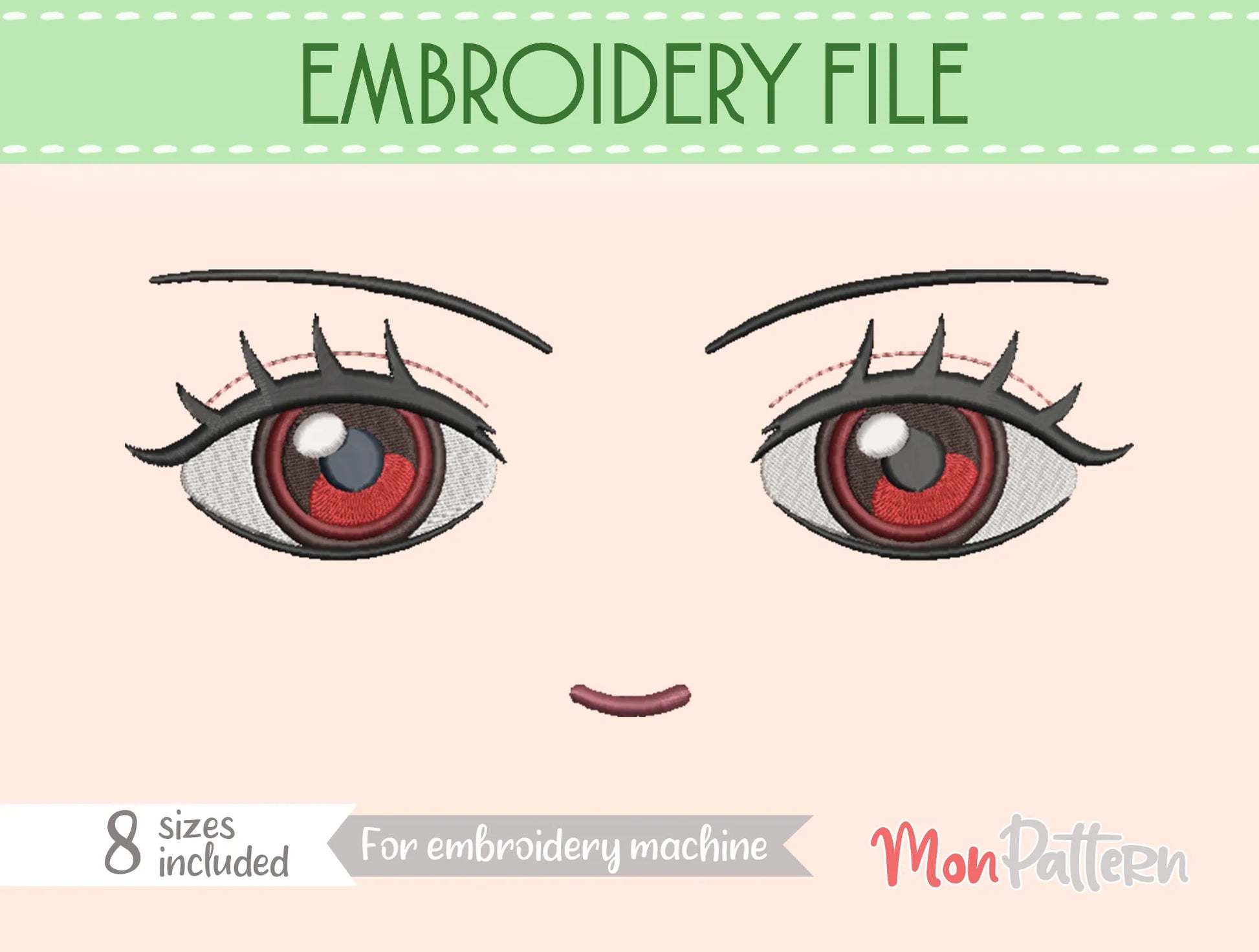 Chibi plush embroidery eye inspired by intelligent archaeologist character, mysterious pirate manga style, embroidery file for plush dolls, ojo chibi bordado arqueóloga misteriosa estilo manga pirata