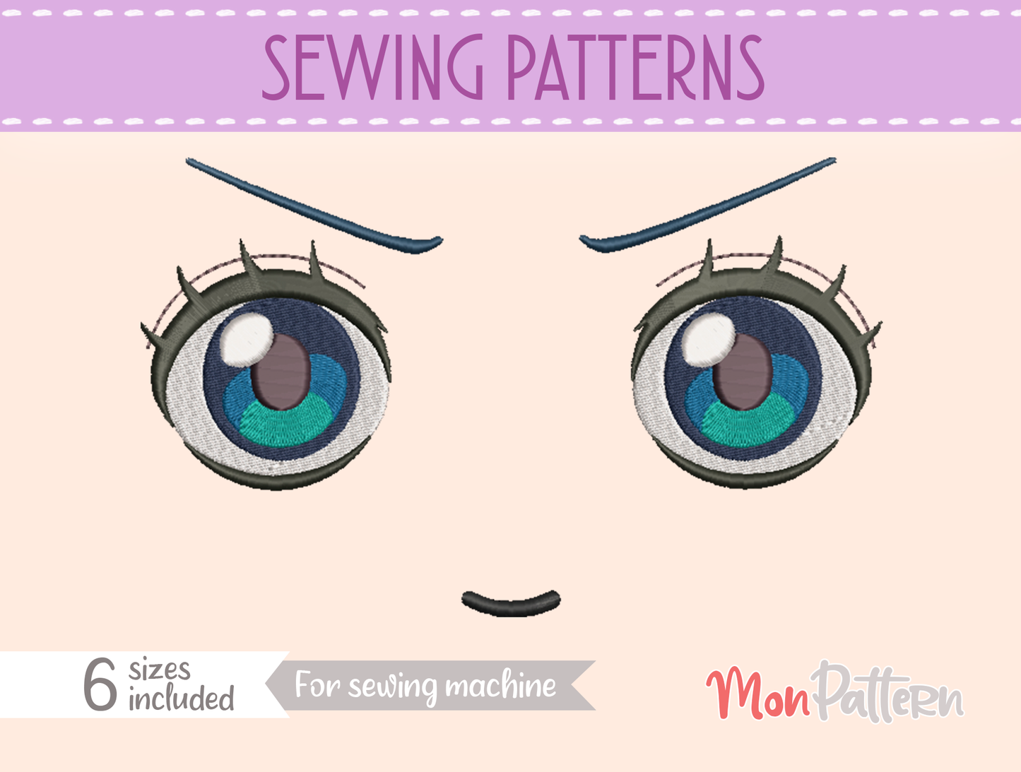 anime face for chibi plush - sewing pattern - 5 sizes - digital english spanish tutorial