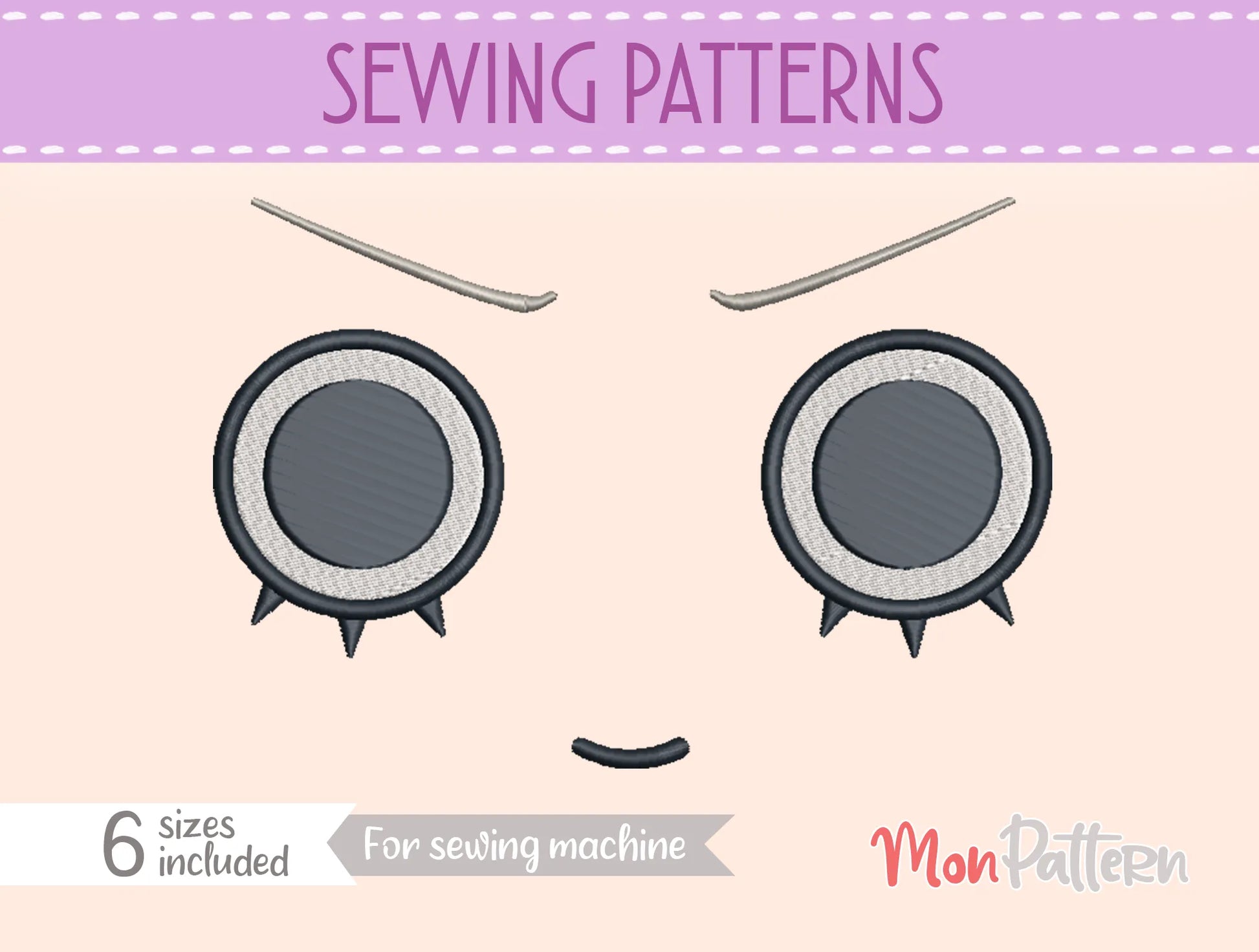 Chibi plush embroidery eye inspired by cute ghost-themed character, whimsical shonen manga style, embroidery file for dolls, ojo chibi bordado personaje fantasmal adorable estilo manga creativo