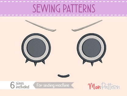 Chibi plush embroidery eye inspired by cute ghost-themed character, whimsical shonen manga style, embroidery file for dolls, ojo chibi bordado personaje fantasmal adorable estilo manga creativo
