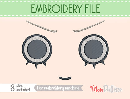 Chibi plush embroidery eye inspired by cute ghost-themed character, whimsical shonen manga style, embroidery file for dolls, ojo chibi bordado personaje fantasmal adorable estilo manga creativo