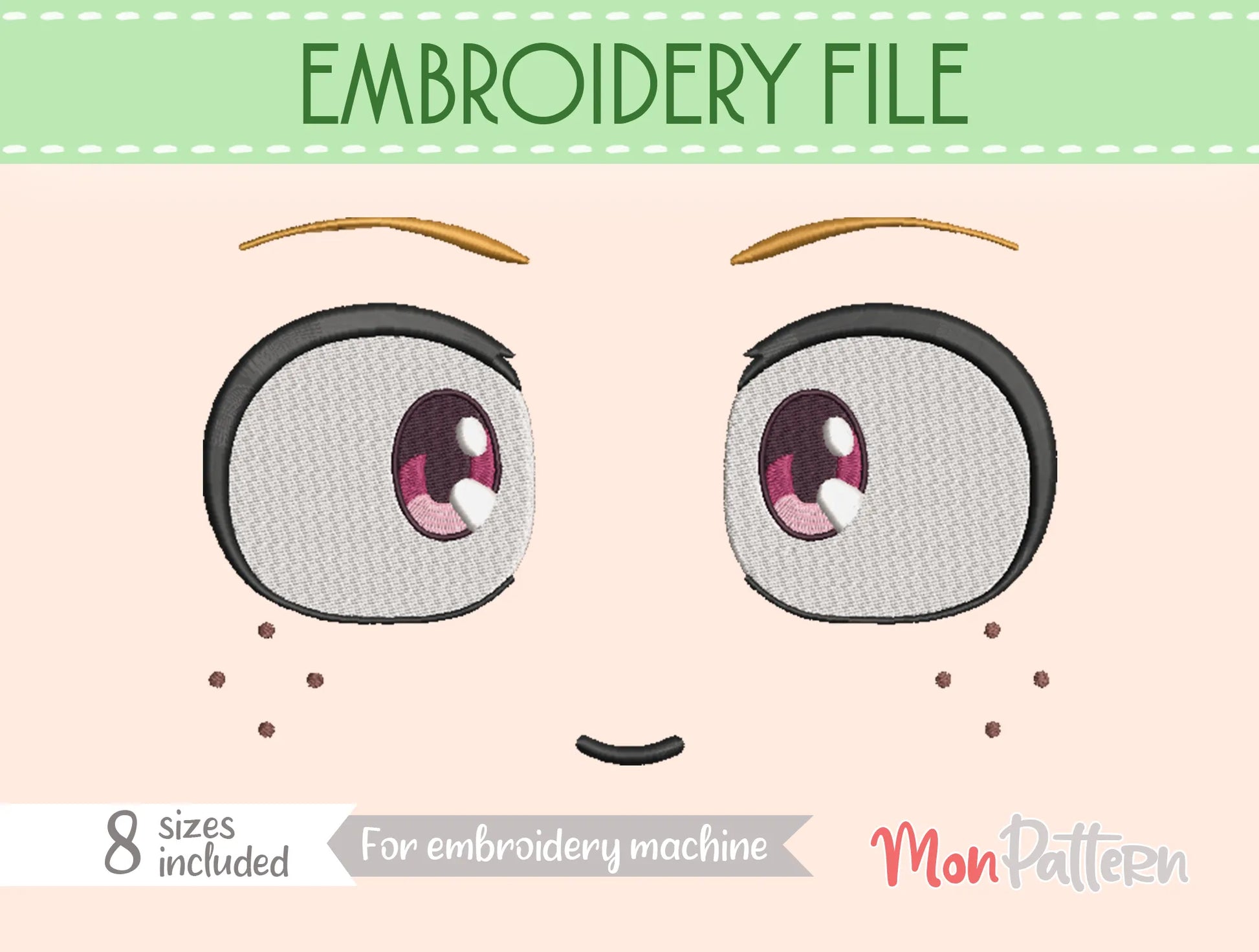 Chibi plush embroidery eye inspired by heroic young shonen character, action manga style, embroidery file for handmade dolls, ojo chibi bordado joven héroe estilo manga acción
