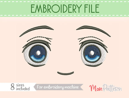 Chibi plush embroidery eye inspired by determined young hero, action shonen manga style, embroidery file for dolls, ojo chibi bordado joven héroe determinado estilo manga acción
