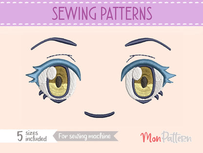 Chibi plush embroidery eye inspired by cute slime character, whimsical fantasy anime style, embroidery file for plush dolls, ojo chibi bordado slime adorable estilo anime fantasía