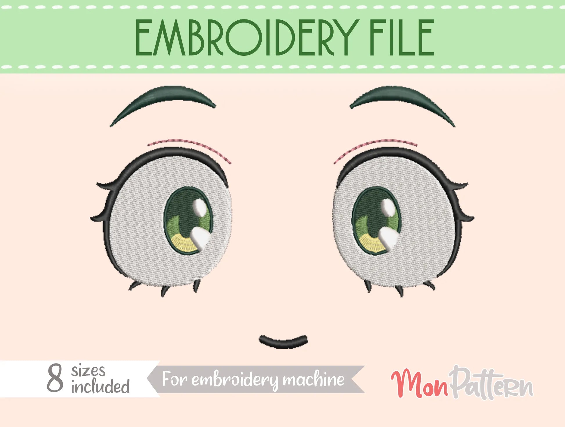 Chibi plush embroidery eye inspired by energetic magical girl shonen character, manga-style embroidery for plush dolls, ojo chibi bordado chica mágica enérgica estilo manga artesanal