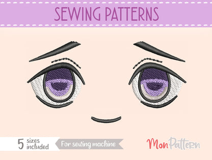 Chibi plush embroidery eye inspired by anxious yet brave shonen character, dynamic action style, embroidery file for plush dolls, ojo chibi bordado personaje tímido valiente estilo manga acción