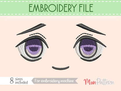 Chibi plush embroidery eye inspired by anxious yet brave shonen character, dynamic action style, embroidery file for plush dolls, ojo chibi bordado personaje tímido valiente estilo manga acción