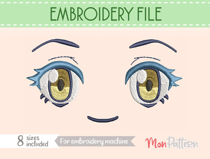 Chibi plush embroidery eye inspired by cute slime character, whimsical fantasy anime style, embroidery file for plush dolls, ojo chibi bordado slime adorable estilo anime fantasía