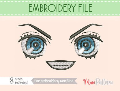 chibi plush embroidery eye inspired by wild and energetic shonen hero, action manga style, embroidery file for plush dolls, ojo chibi bordado héroe salvaje enérgico estilo manga acción