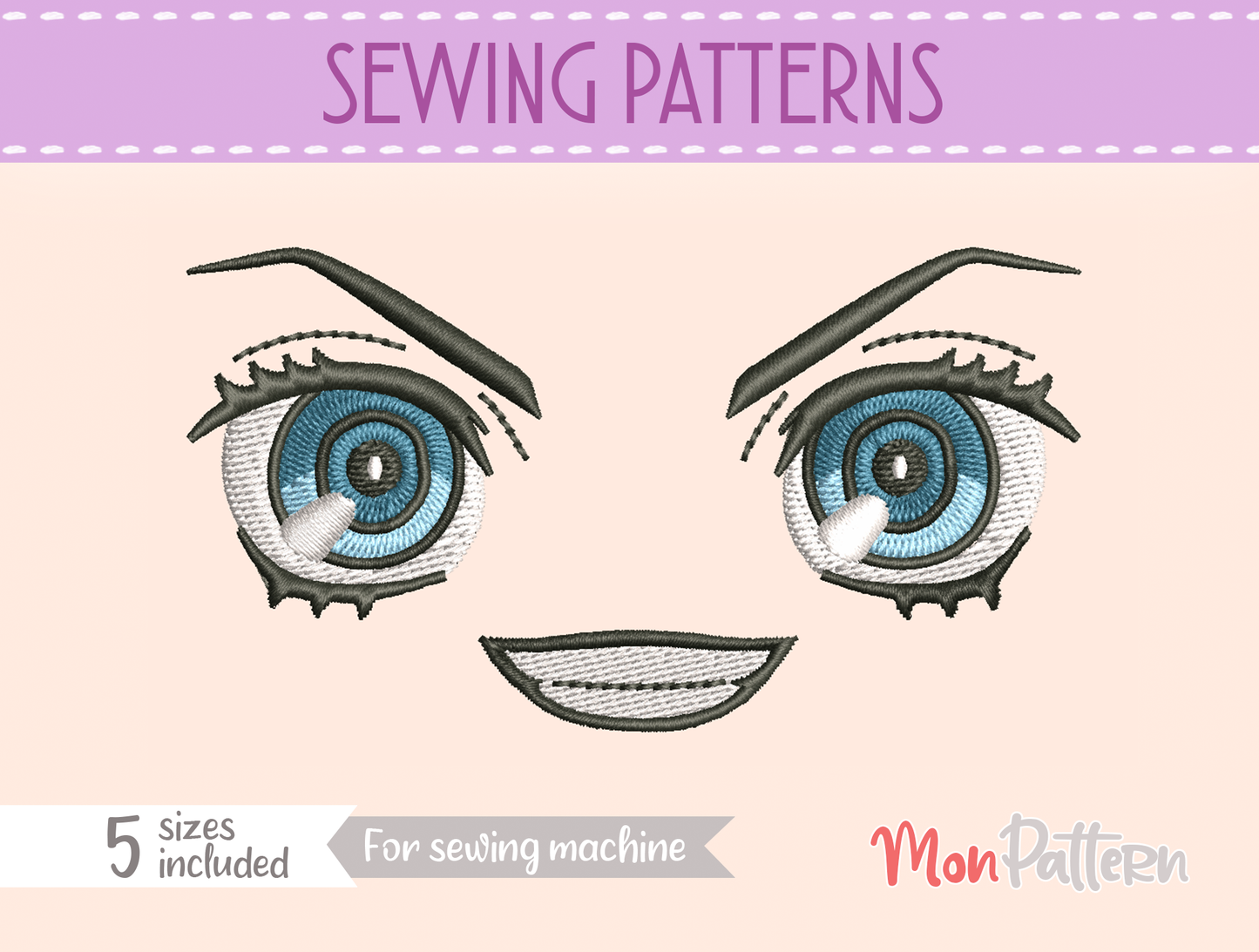 anime face for chibi plush - sewing pattern - 5 sizes - digital english spanish for beginner tutorial