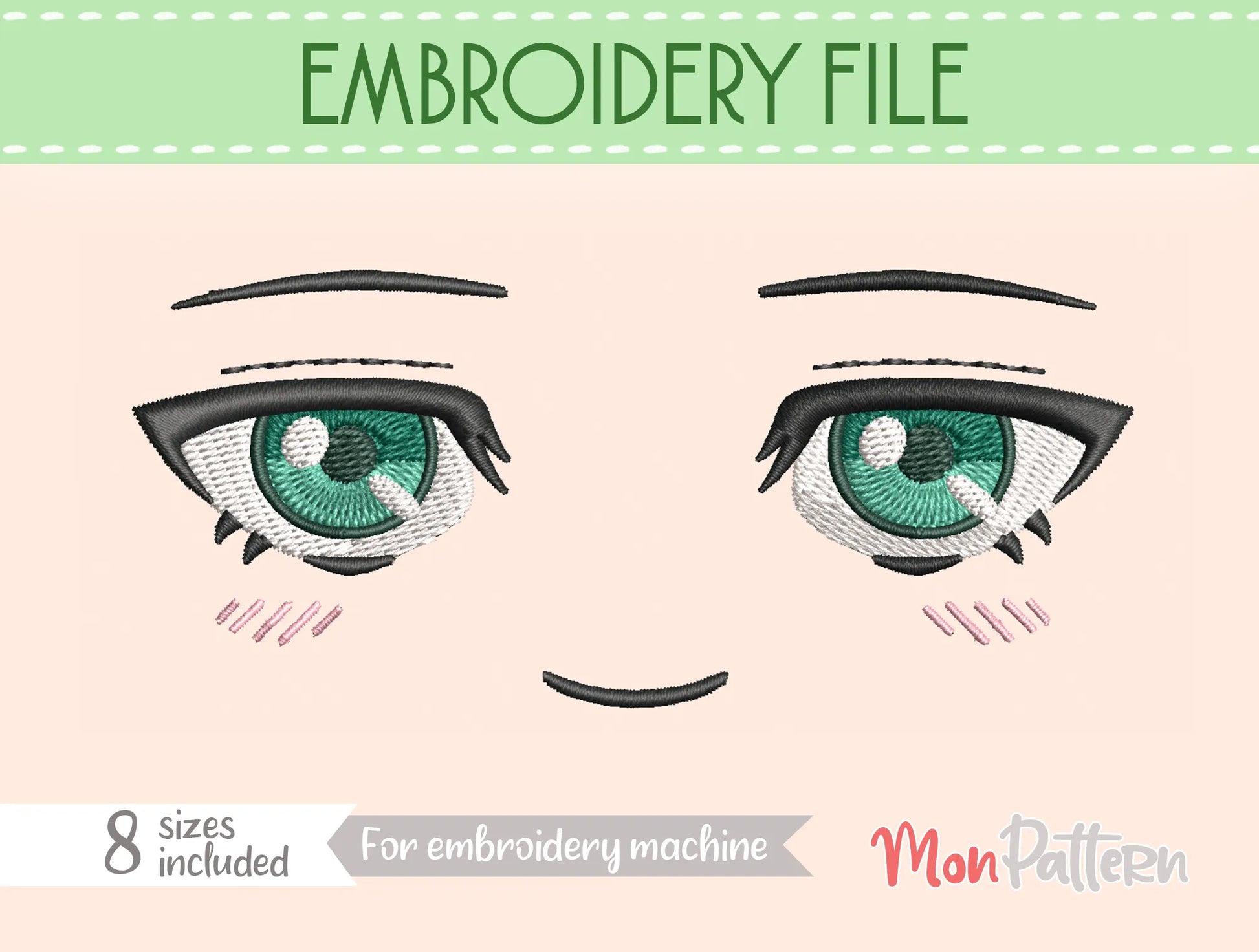 Chibi plush embroidery eye inspired by magical young apprentice, fantasy shonen style, embroidery file for plush dolls, ojo chibi bordado aprendiz mágica joven estilo manga fantasía
