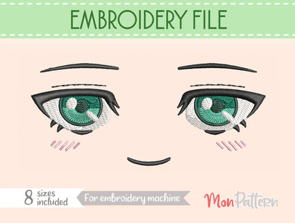 Chibi plush embroidery eye inspired by magical young apprentice, fantasy shonen style, embroidery file for plush dolls, ojo chibi bordado aprendiz mágica joven estilo manga fantasía