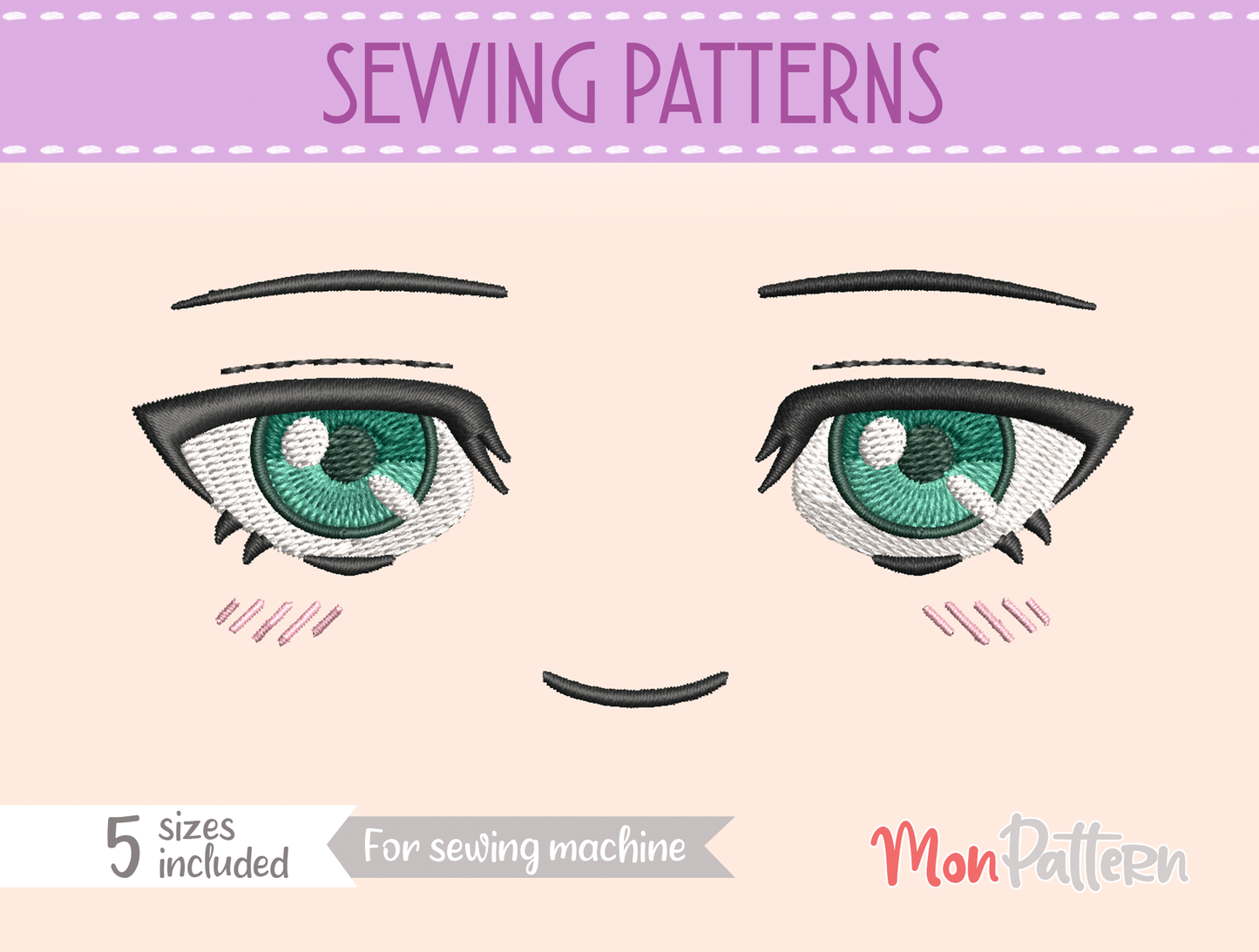 anime face for chibi plush - sewing pattern - 5 sizes - digital english spanish for beginner tutorial