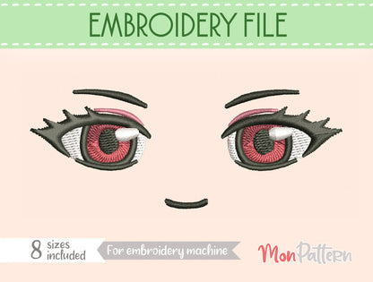 Kama chibi plush embroidery eye inspired by mystical female fantasy character, magical girl and video game style, embroidery file for plush dolls, ojos chibi bordado personaje femenino mágico fantasía estilo videojuego