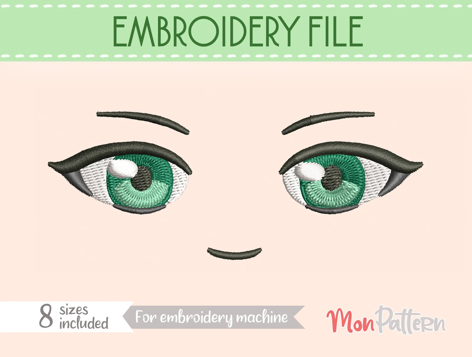 Chibi plush embroidery eye inspired by whimsical anime character, magical and playful expression, embroidery file for plush dolls, ojos chibi bordado personaje anime caprichoso expresión mágica divertida”