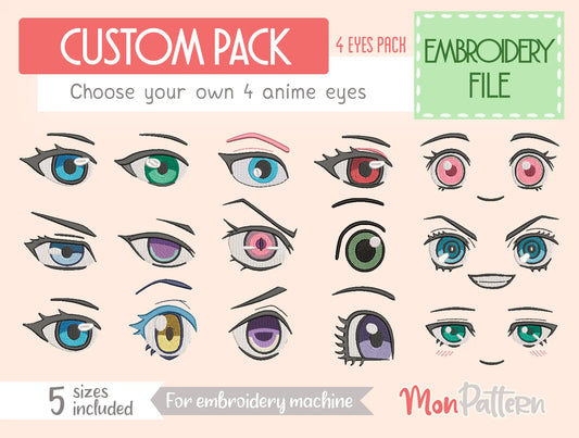 Custom pack choose 4 anime eyes embroidery files for chibi plush face digital download