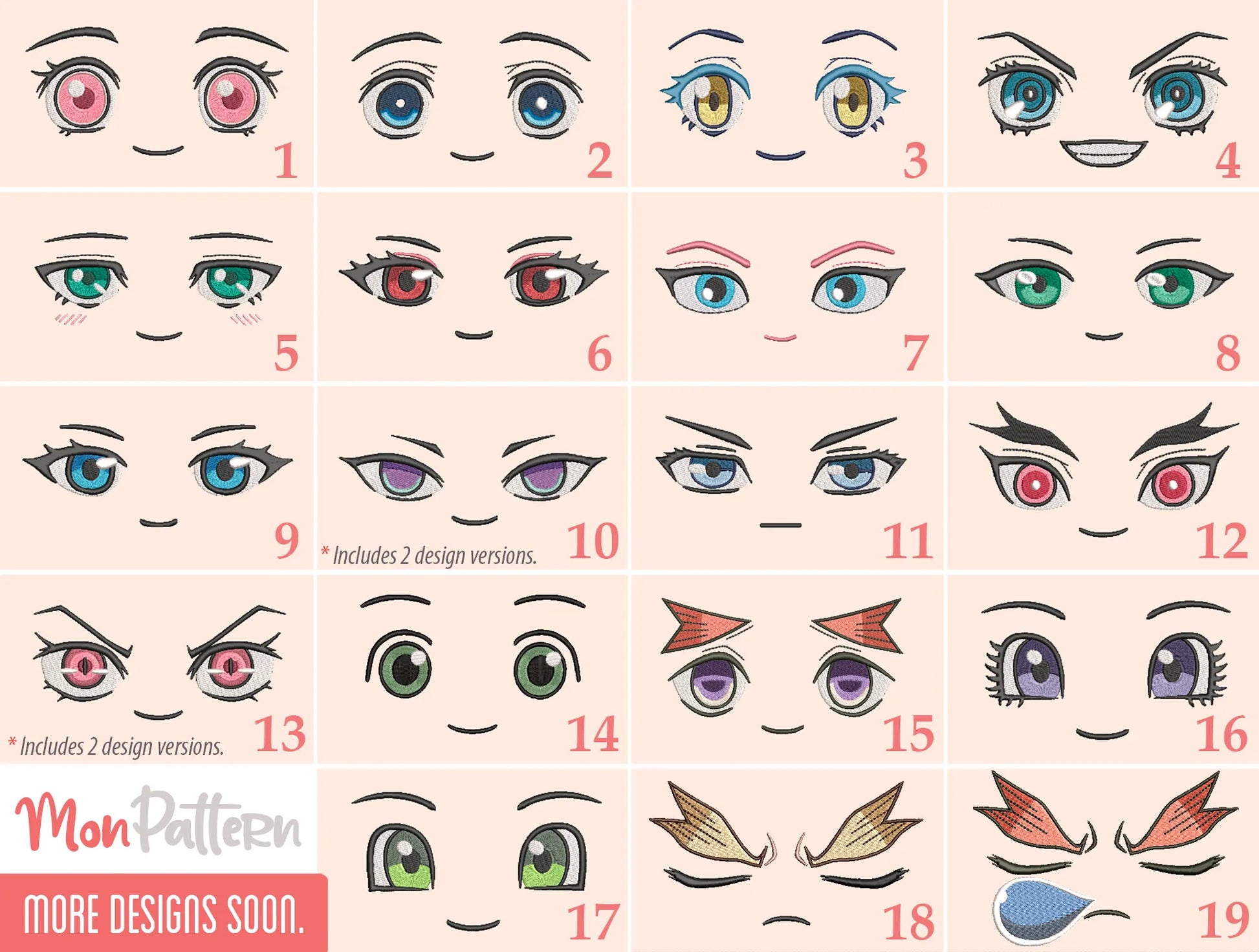 Anime eyes embroidery designs for plushies VTubers and OCs