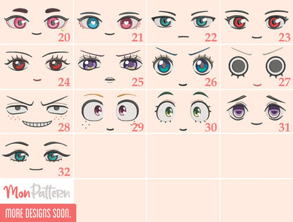 Pack personalizado elige 4 ojos de anime archivos de bordado para cara de peluche chibi