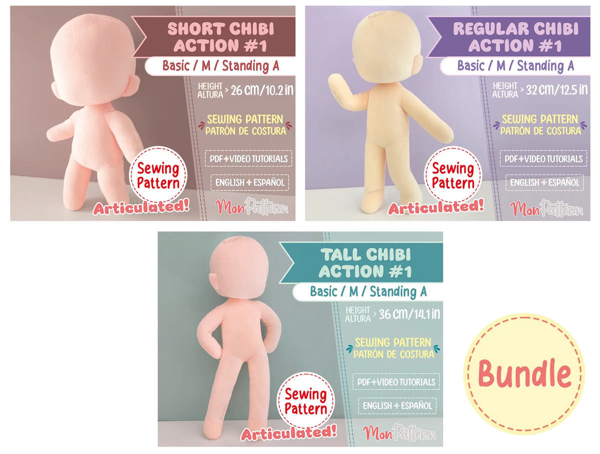 articulated chibi plush sewing patterns for creating custom character plushies in different body proportions.