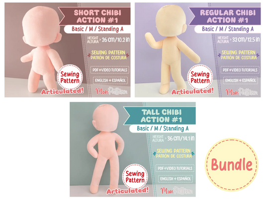 Articulated chibi plush sewing patterns for creating custom character plushies in different body proportions.