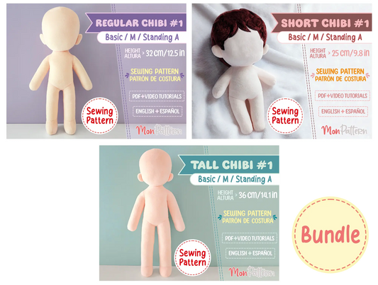 Chibi plush sewing patterns bundle featuring Short Chibi #1, Regular Chibi #1 and Tall Chibi #1 doll patterns