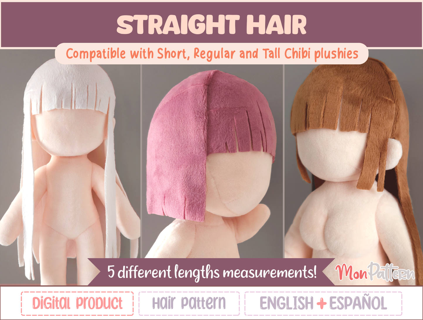 straight hair sewing pattern for chibi plushies, long hair and bangs. 5 lengths. beginner.