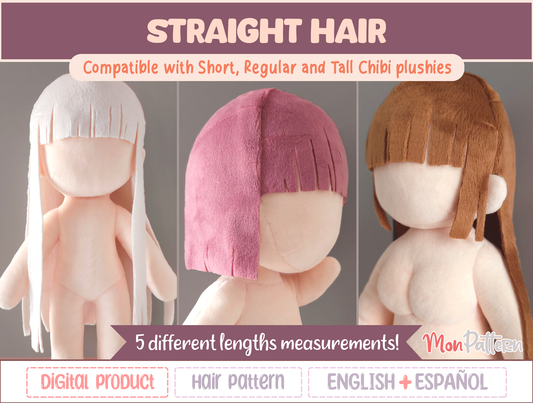 Straight Hair sewing pattern for Chibi plushies, long hair and bangs. 5 lengths. Beginner.