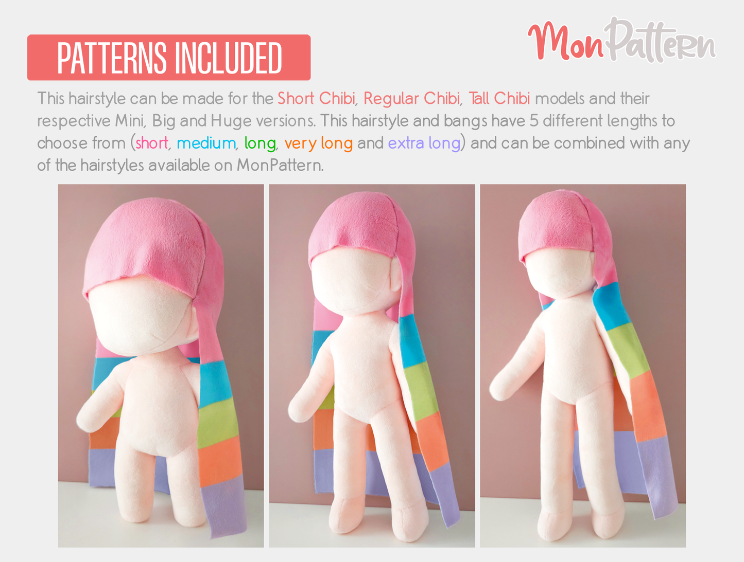 straight hair sewing pattern for chibi plushies, long hair and bangs. 5 lengths.